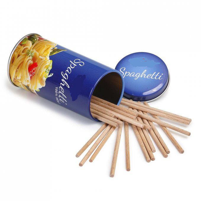 Boite de pâtes Spaghettis en fer avec 24 Spaghettis en bois