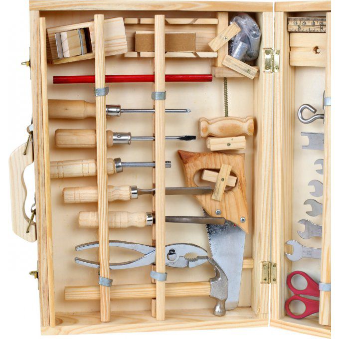 Valise en bois contenat 30 vrais outils en fer et en bois