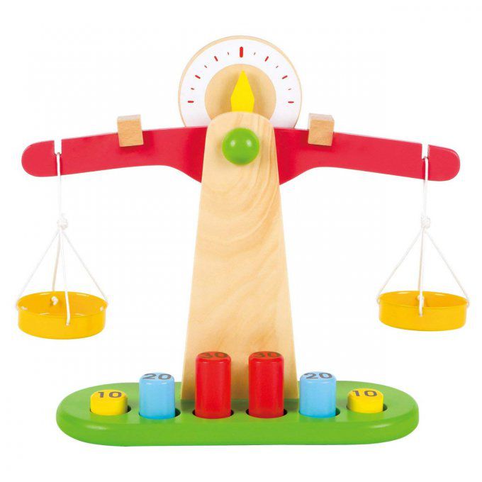 Balance en bois avec plateaux en fer