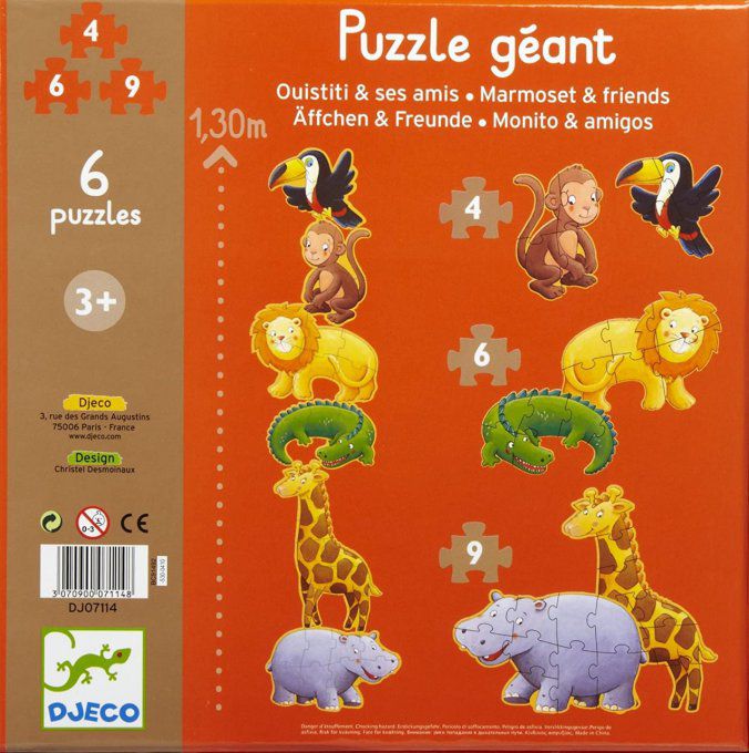6 Puzzle géants animaux 4, 6, et 9 pièces,  hauteur 1m30.