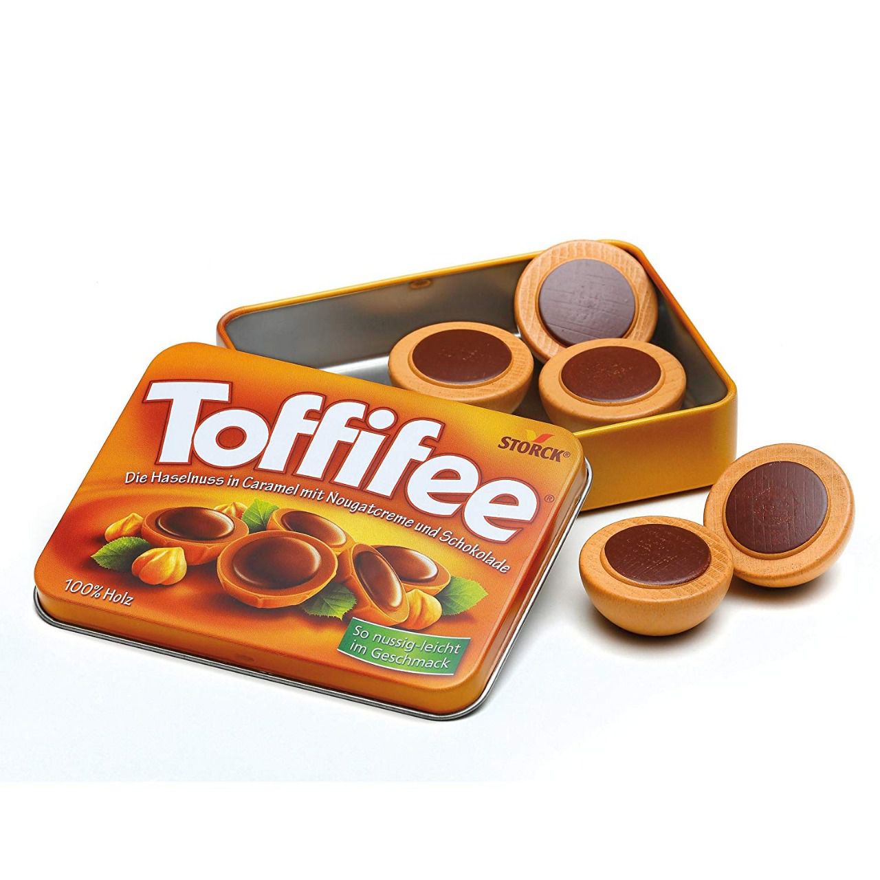 Boite à Toffifee en fer avec 5 Toffifee en bois