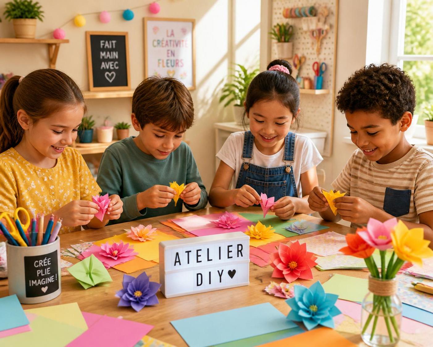 apprenez à réaliser des bouquets d'origami fleur en papier, une activité ludique pour stimuler la créativité et la motricité des enfants.