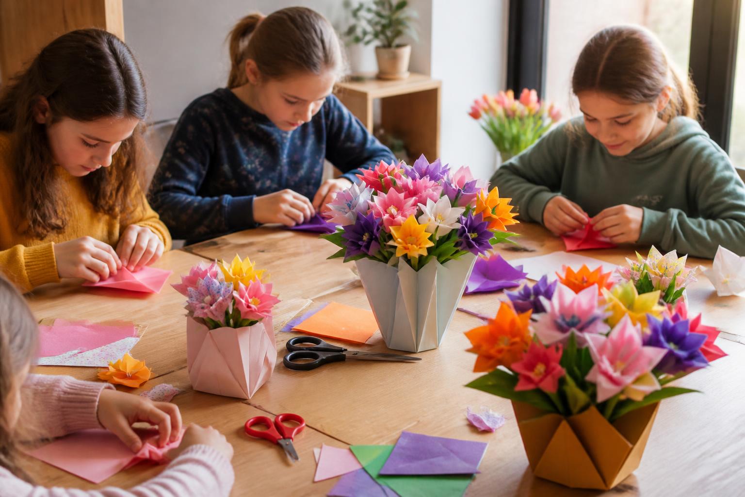 découvrez comment créer des bouquets en papier avec l'origami fleur, une activité ludique pour stimuler la créativité et la motricité des enfants.