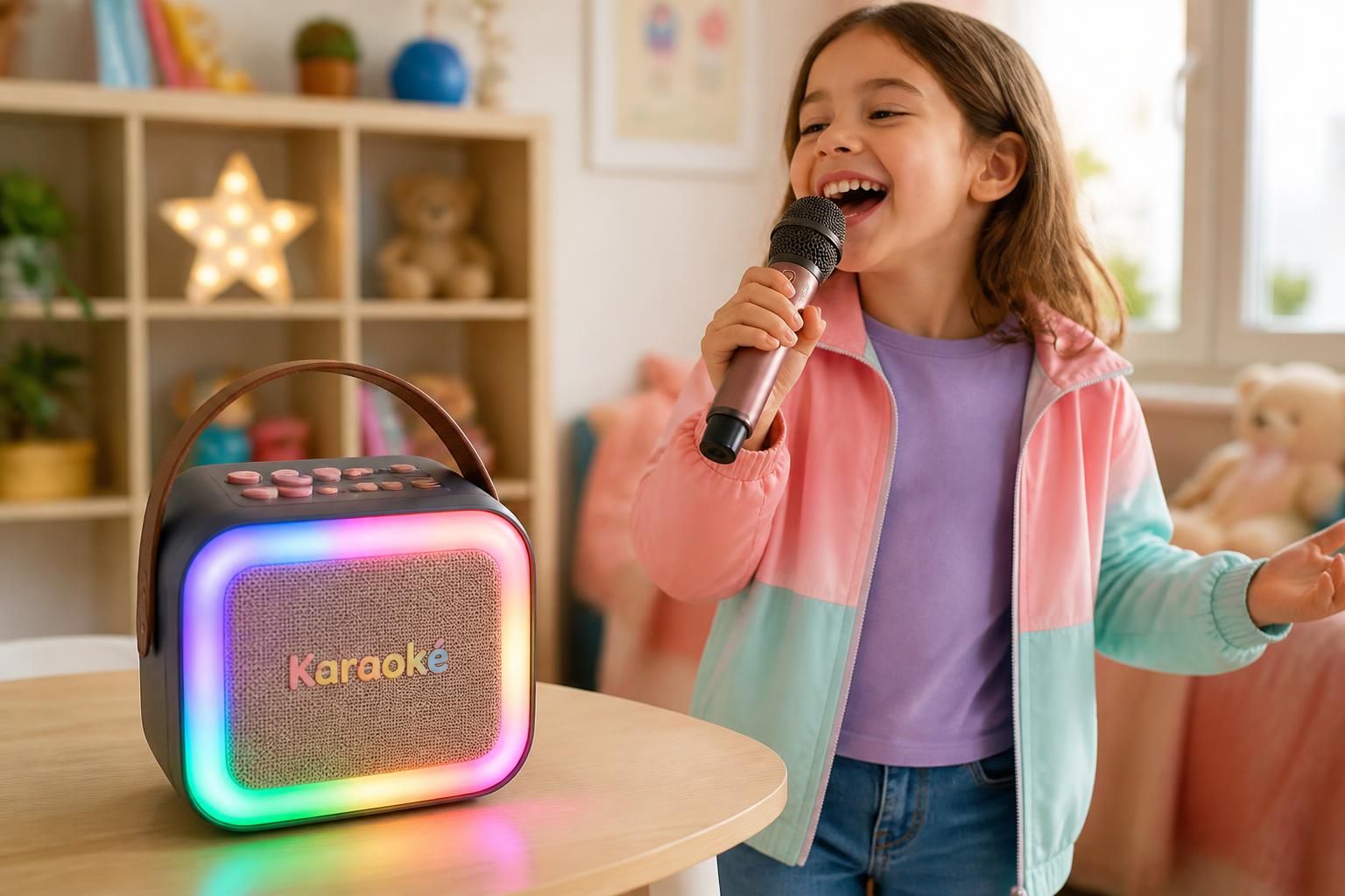 enceinte karaoké avec micro sans fil, parfaite pour les enfants et les amateurs, offrant un son de qualité et une utilisation facile pour des moments de chant inoubliables.