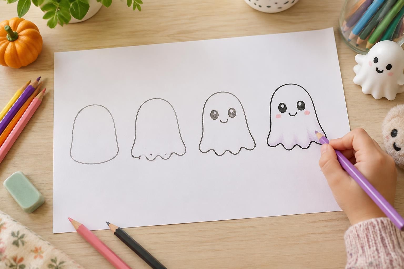 apprenez aux enfants à dessiner un adorable fantôme grâce à ce tutoriel facile, expliqué étape par étape.