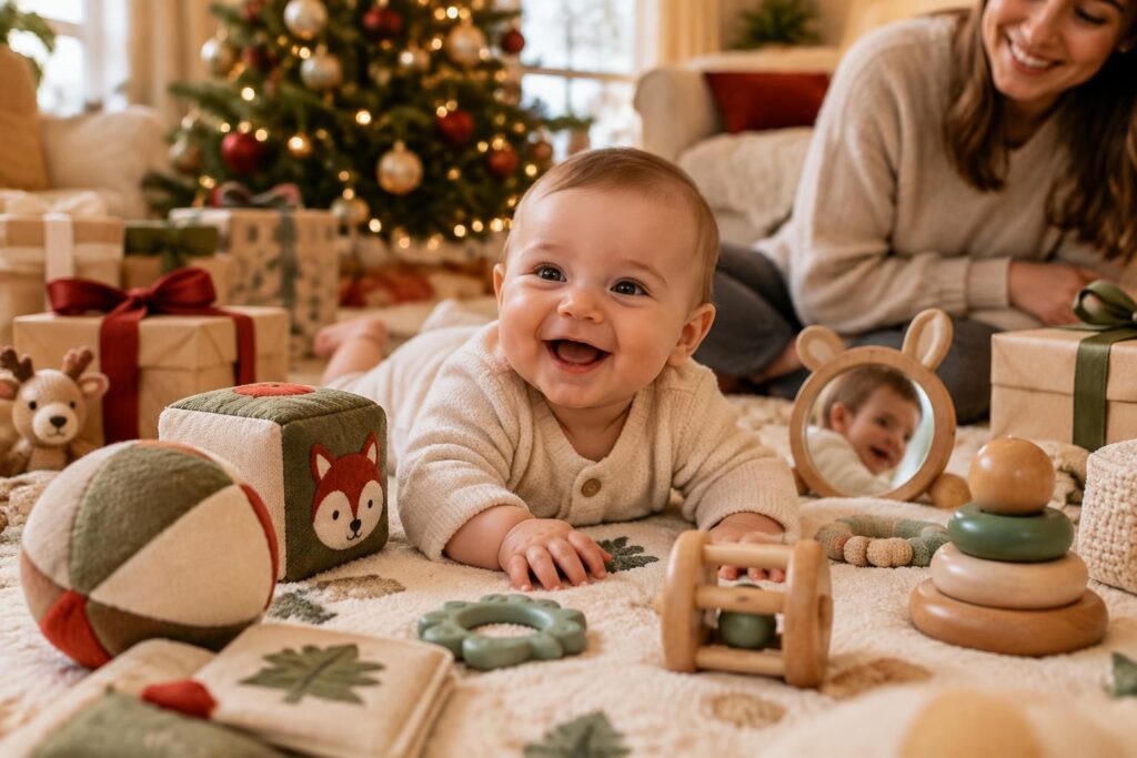 trouvez l’idée cadeau idéale pour un bébé de 6 mois, fille ou garçon : jouets d’éveil, activités montessori et inspirations de noël adaptées à son âge.